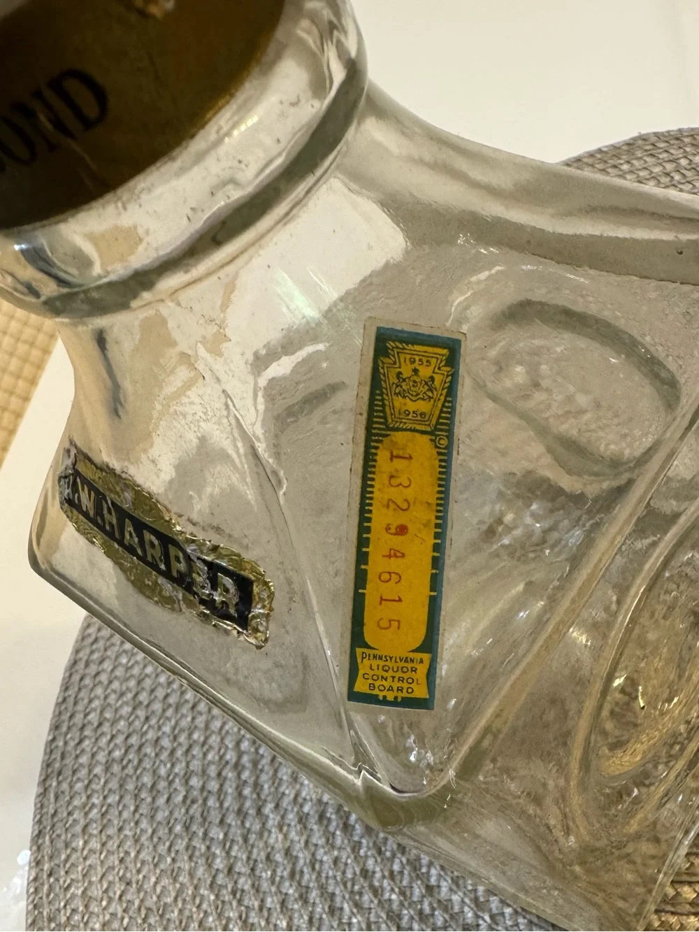 Vintage I.W. Harper Clear Glass Decanter with Gold Accent Label